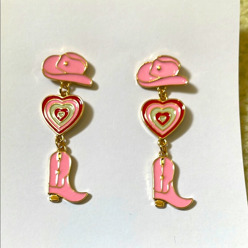 Earrings with pink cowgirl hat, Pink and Red Heart, pink boots 2” long dangling